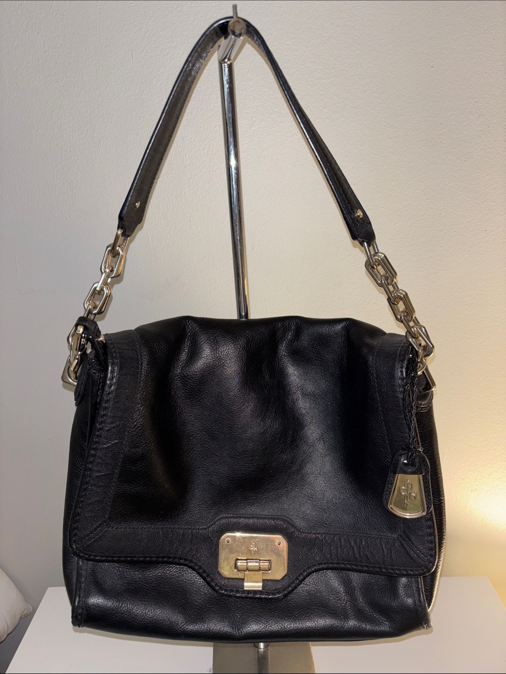 Vintage Cole Haan Black Leather Convertible Shoulder Bag with Gold Accents